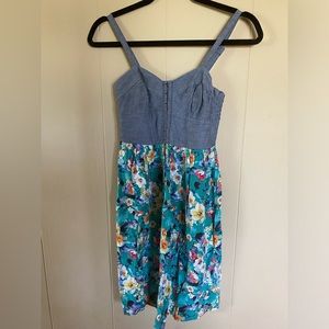 Xhilaration Dress With Decorative Hooks Faux Denim Bodice with Floral Skirt XS